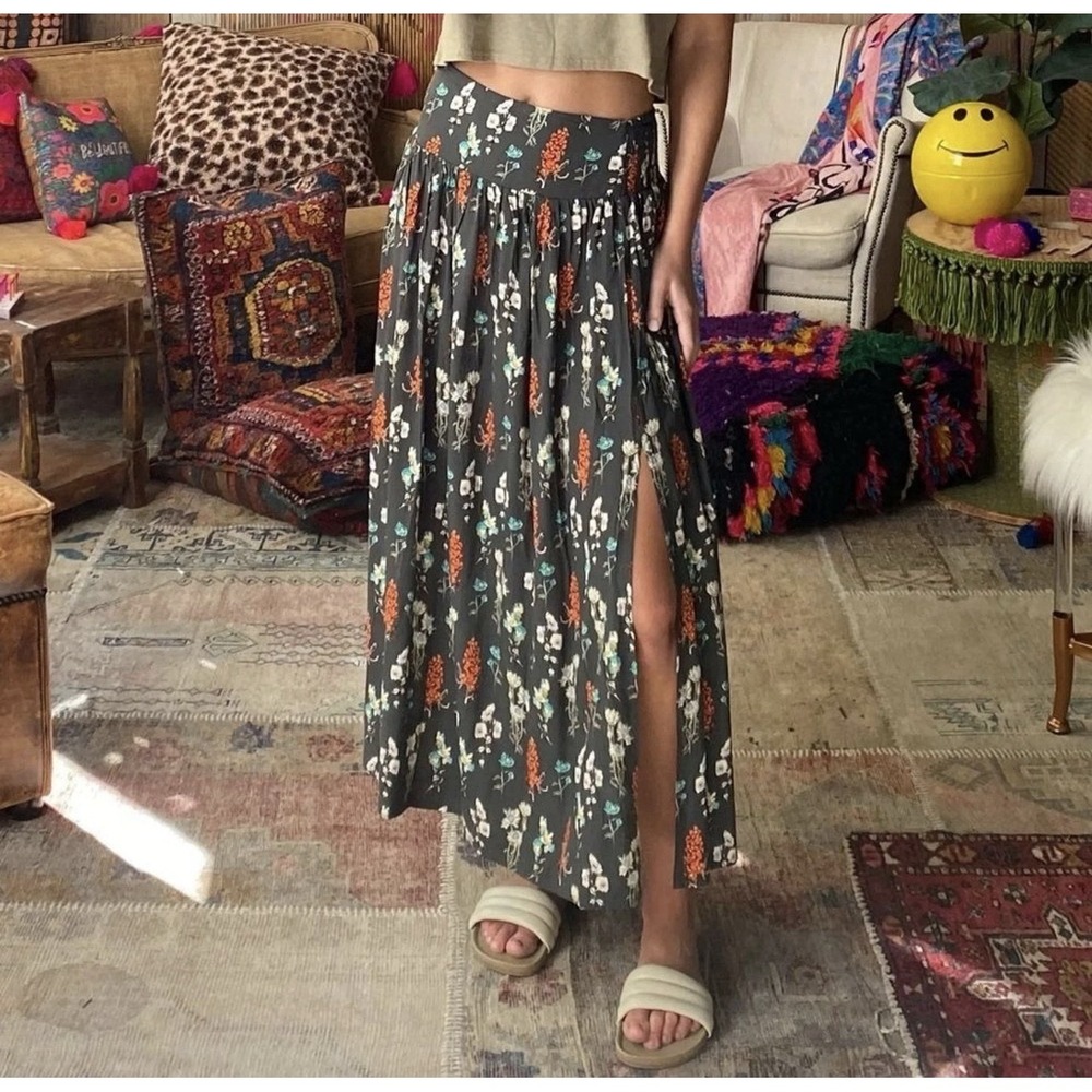 Natural Life Addie Floral Midi Skirt Smocked Waist Sz XL Boho Romantic Festival
